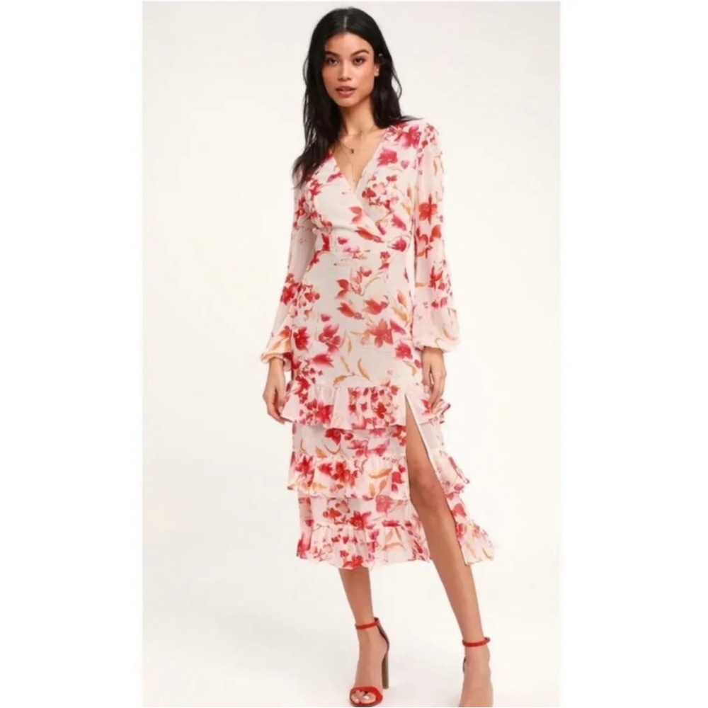 Lulu's Blush Pink Floral Ruffle Wrap Midi Dress